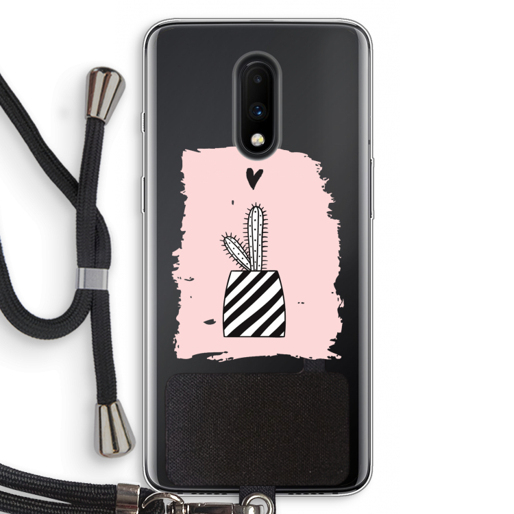 Zwart-wit cactus: OnePlus 7 Transparant Hoesje met koord