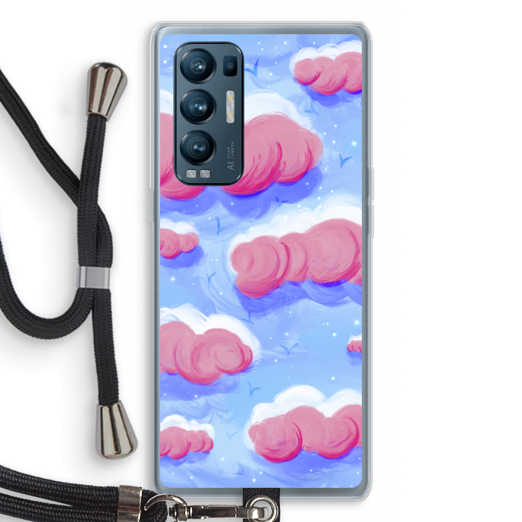 Roze wolken met vogels: Oppo Find X3 Neo Transparant Hoesje met koord