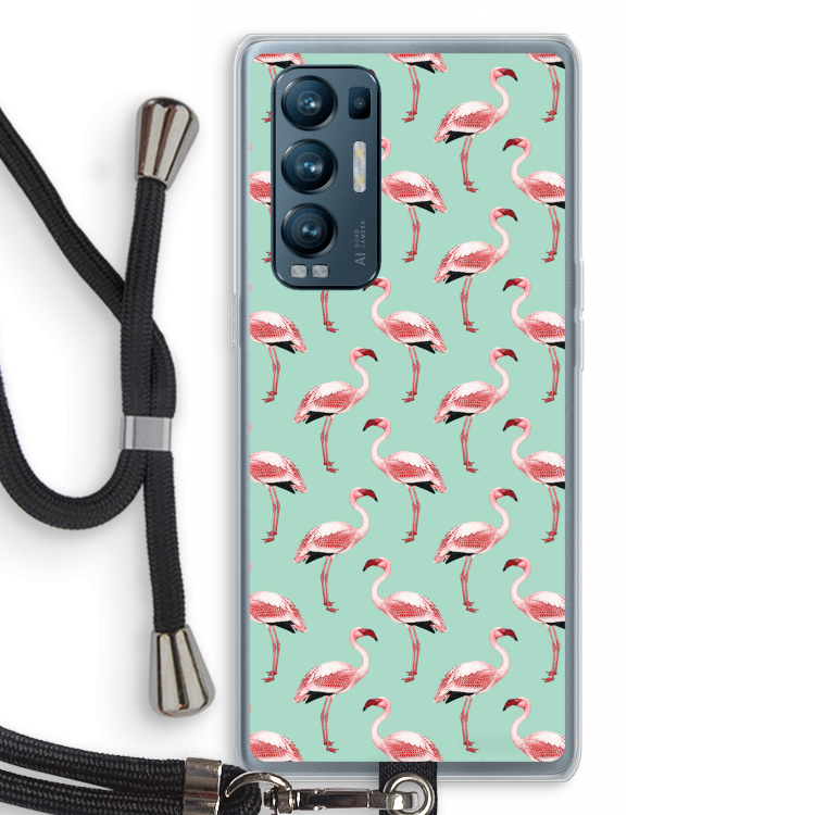 Flamingoprint groen: Oppo Find X3 Neo Transparant Hoesje met koord