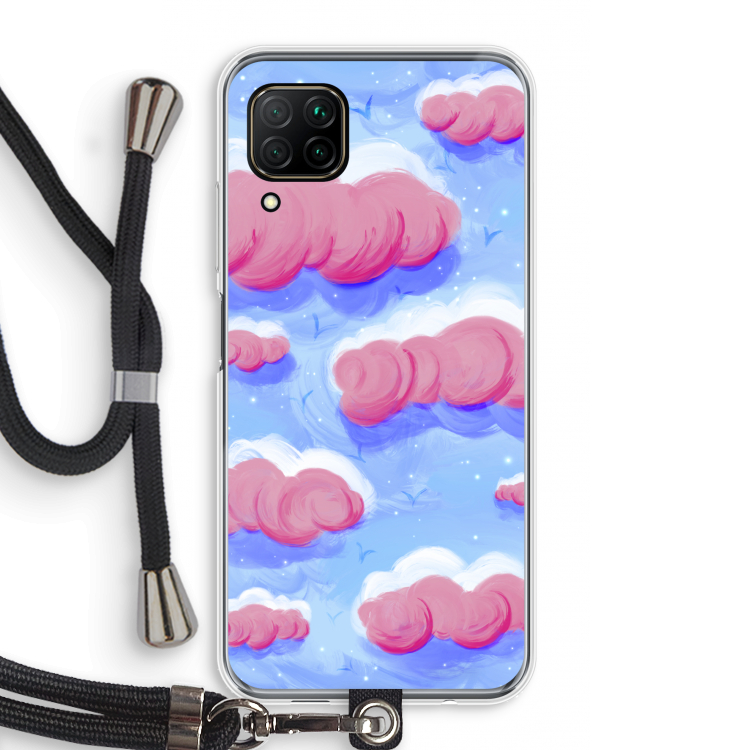Roze wolken met vogels: Huawei P40 Lite Transparant Hoesje met koord
