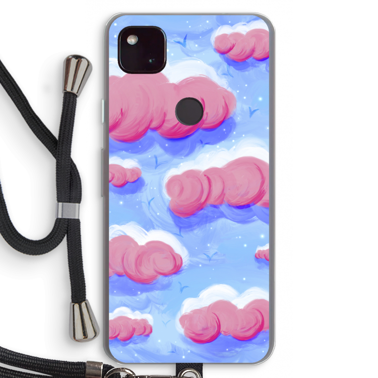 Roze wolken met vogels: Pixel 4a 5G Transparant Hoesje met koord