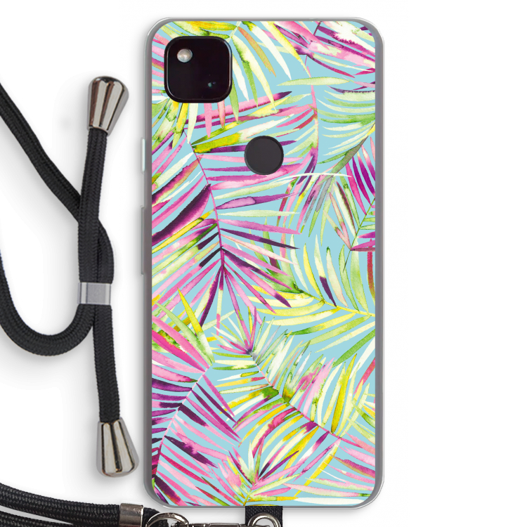 Tropical Palms Blue: Pixel 4a 5G Transparant Hoesje met koord