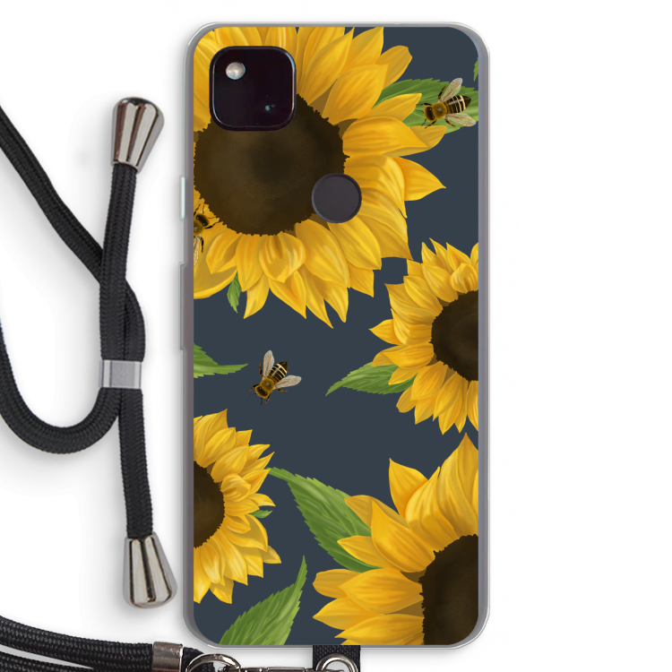 Sunflower and bees: Pixel 4a 5G Transparant Hoesje met koord