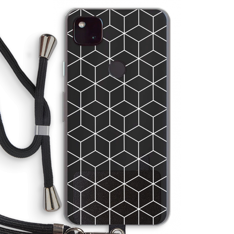Zwart-witte kubussen: Pixel 4a 5G Transparant Hoesje met koord