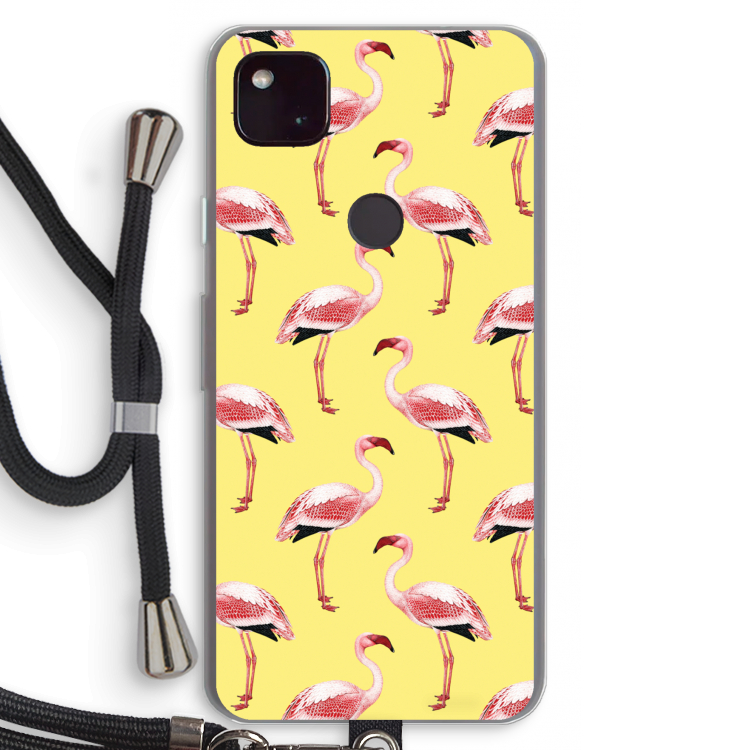 Flamingo's geel: Pixel 4a 5G Transparant Hoesje met koord