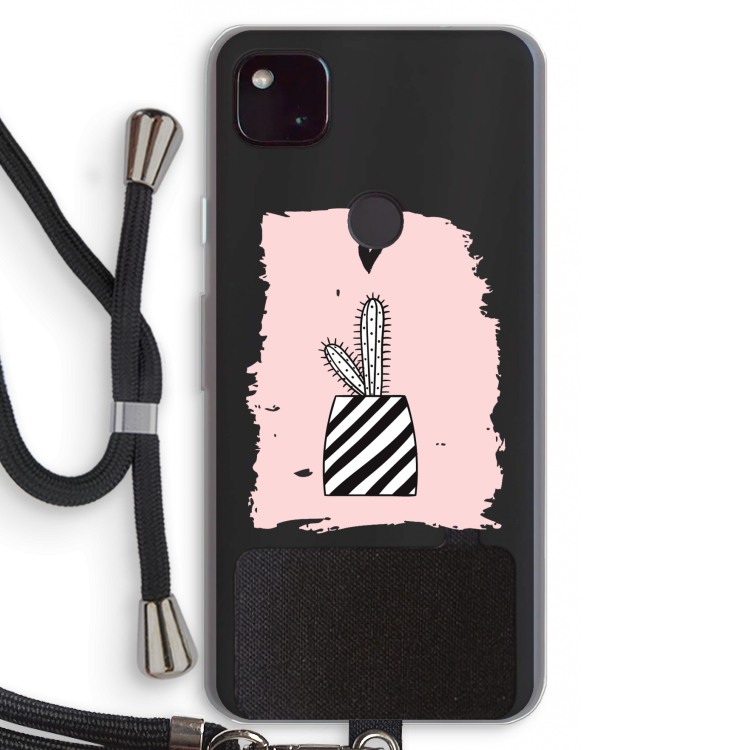 Zwart-wit cactus: Pixel 4a 5G Transparant Hoesje met koord