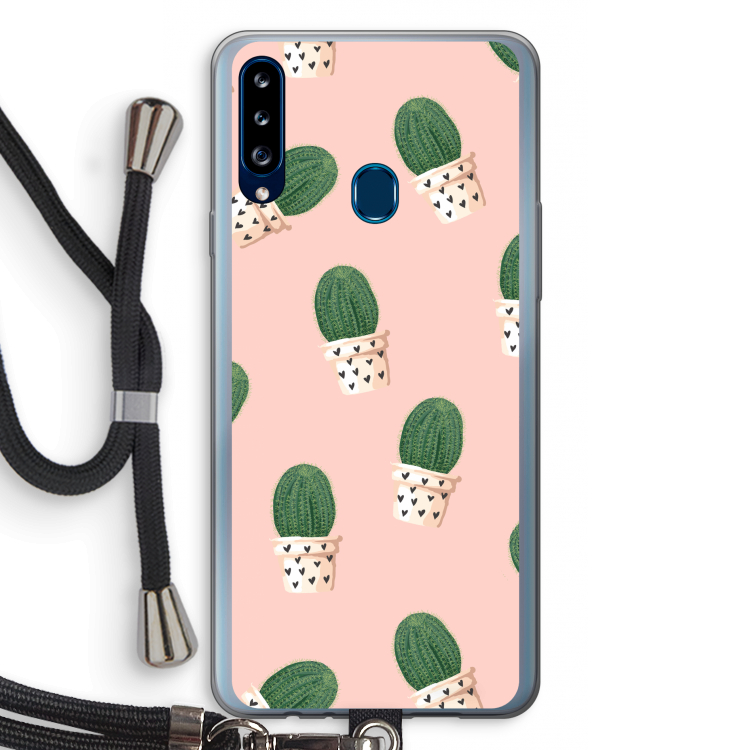 Cactusprint roze: Samsung Galaxy A20s Transparant Hoesje met koord