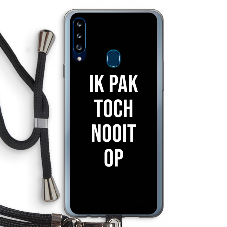 Ik pak nooit op - Zwart: Samsung Galaxy A20s Transparant Hoesje met koord