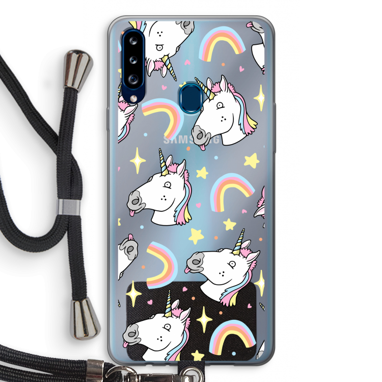 Rainbow Unicorn: Samsung Galaxy A20s Transparant Hoesje met koord
