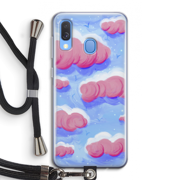 Roze wolken met vogels: Samsung Galaxy A40 Transparant Hoesje met koord