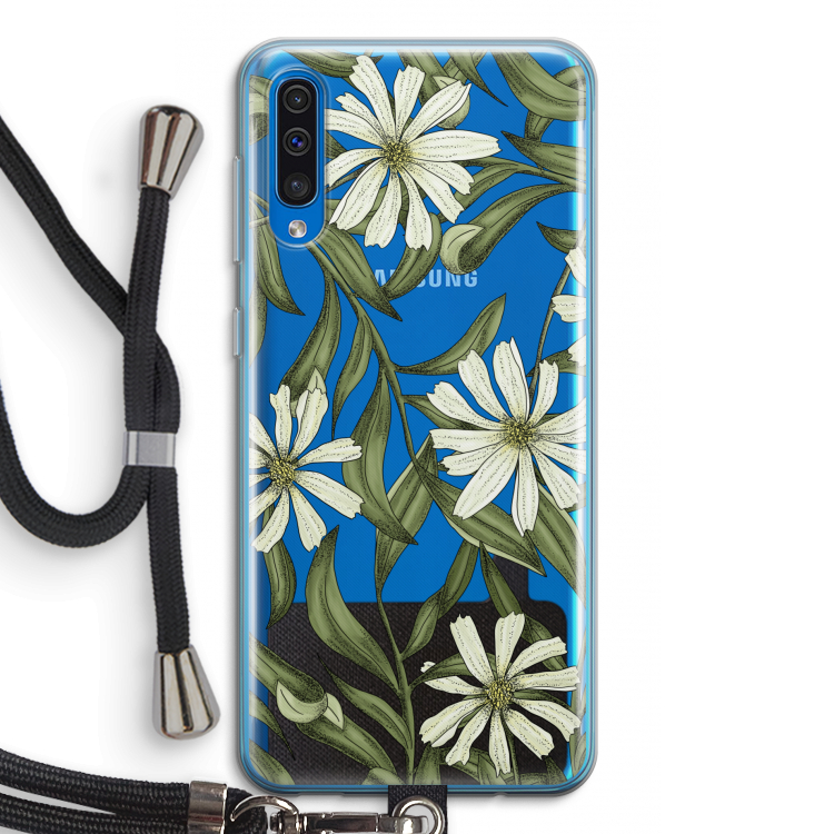 Wit bloemenpatroon: Samsung Galaxy A50 Transparant Hoesje met koord