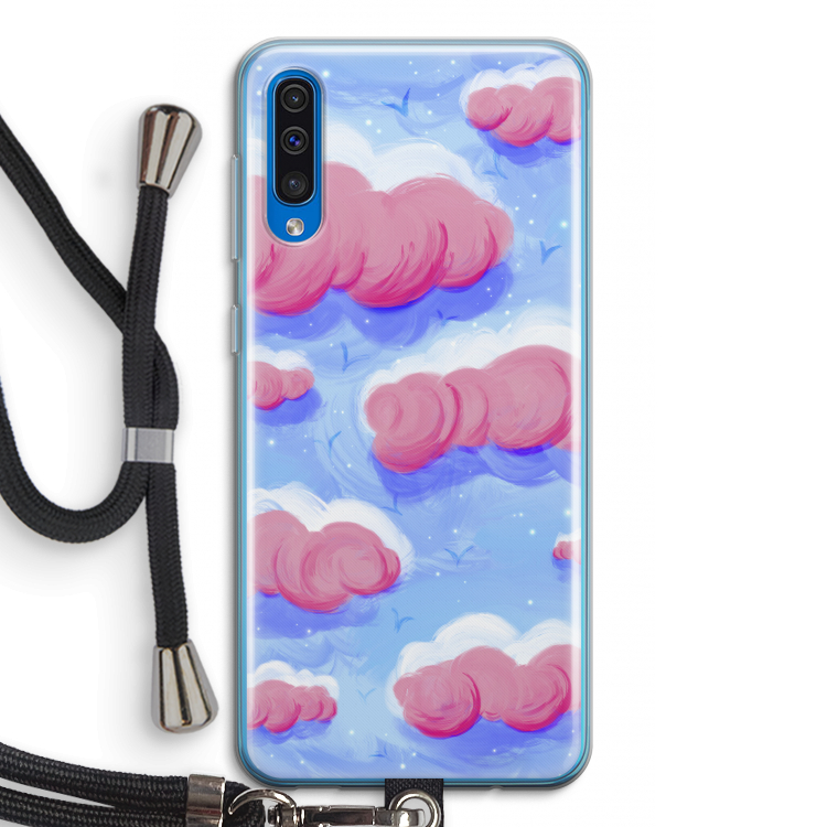 Roze wolken met vogels: Samsung Galaxy A50 Transparant Hoesje met koord