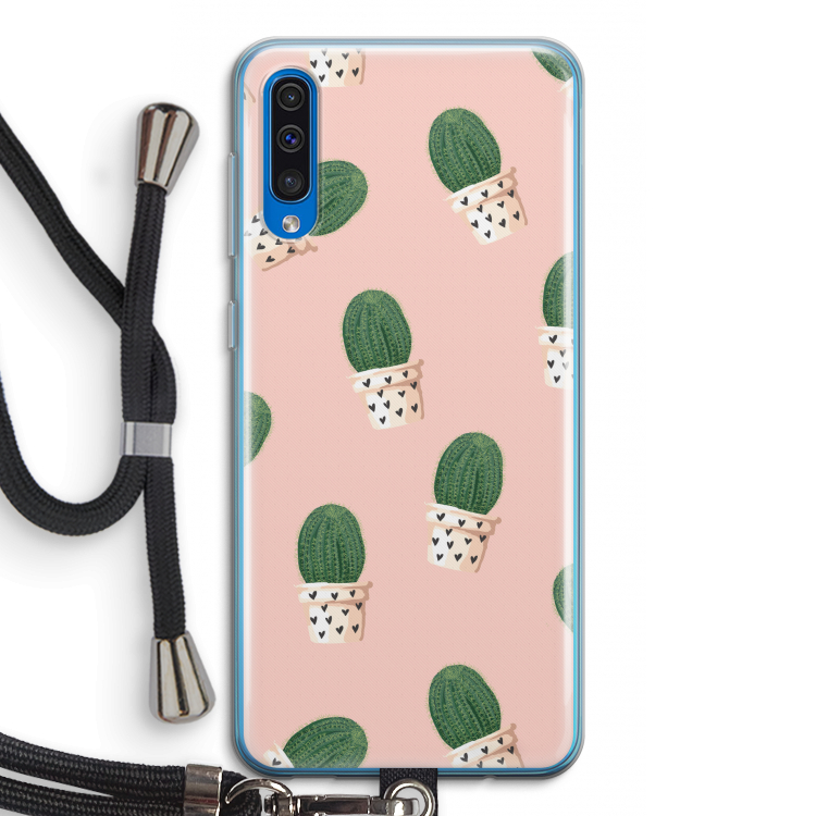 Cactusprint roze: Samsung Galaxy A50 Transparant Hoesje met koord
