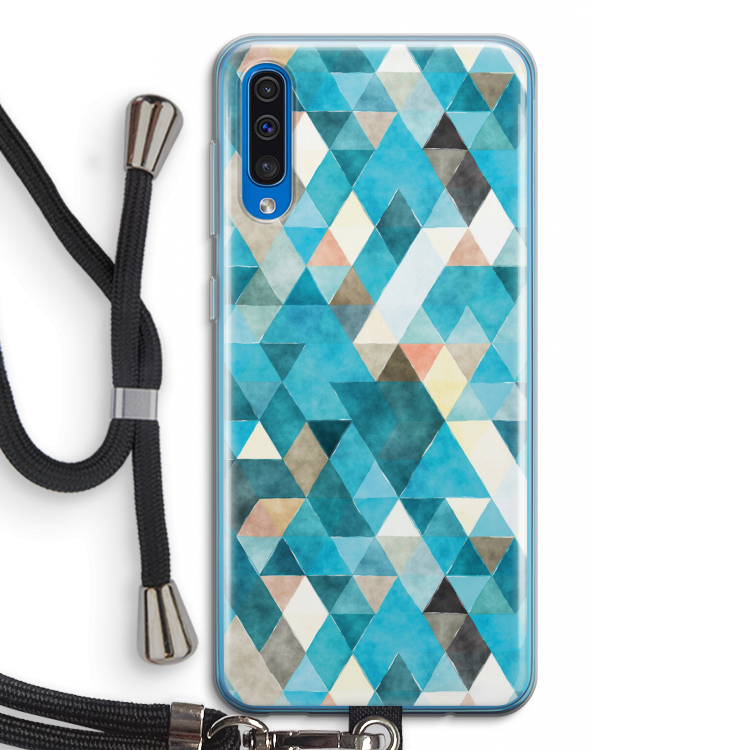 Gekleurde driehoekjes blauw: Samsung Galaxy A50 Transparant Hoesje met koord