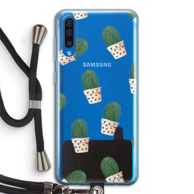 Cactusprint roze: Samsung Galaxy A50 Transparant Hoesje met koord