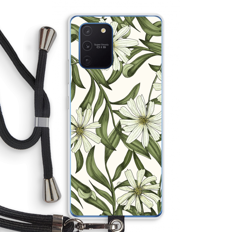 Wit bloemenpatroon: Samsung Galaxy Note 10 Lite Transparant Hoesje met koord