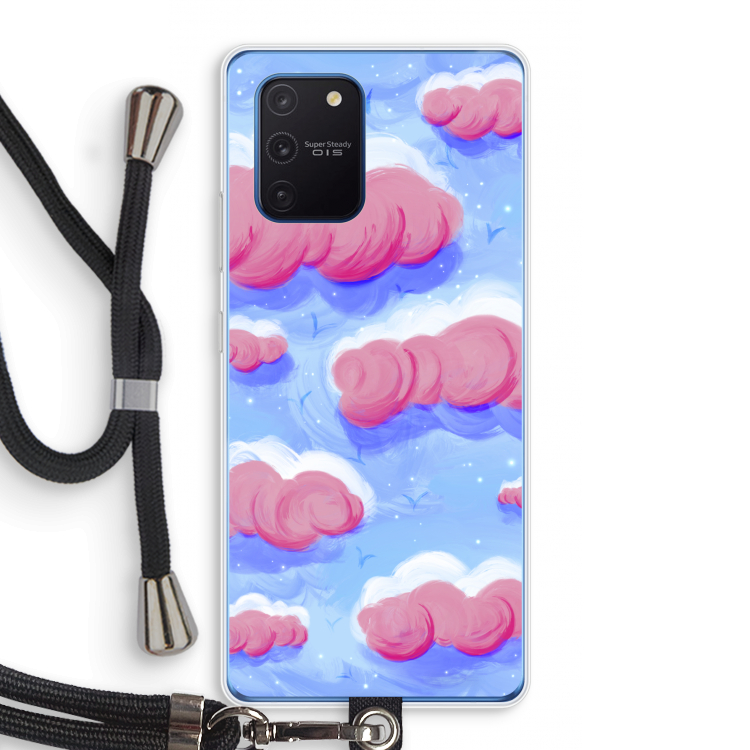 Roze wolken met vogels: Samsung Galaxy Note 10 Lite Transparant Hoesje met koord
