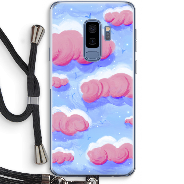Roze wolken met vogels: Samsung Galaxy S9 Plus Transparant Hoesje met koord