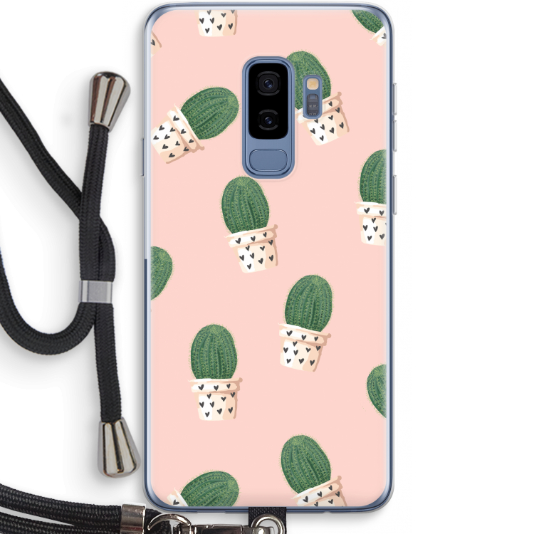 Cactusprint roze: Samsung Galaxy S9 Plus Transparant Hoesje met koord