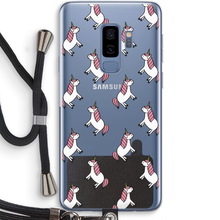 Eenhoorns overal: Samsung Galaxy S9 Plus Transparant Hoesje met koord