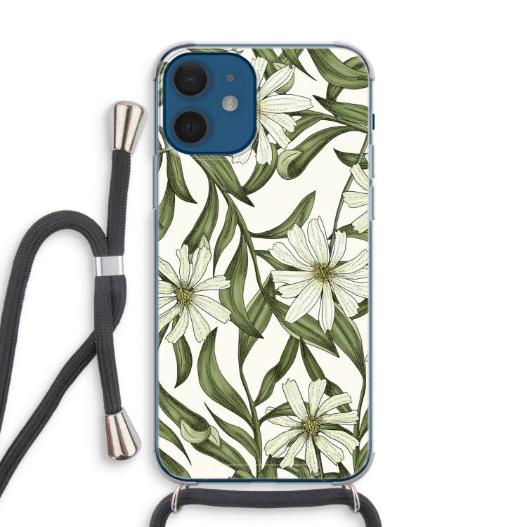 Wit bloemenpatroon: iPhone 12 mini Transparant Hoesje met koord