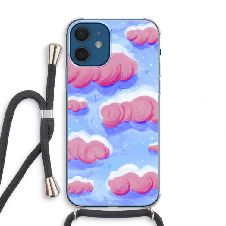 Roze wolken met vogels: iPhone 12 mini Transparant Hoesje met koord