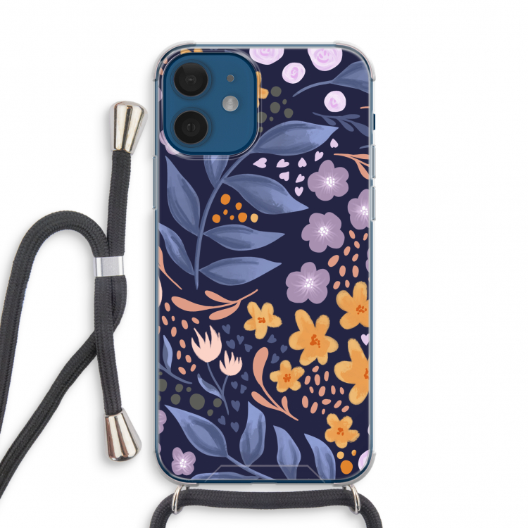 Flowers with blue leaves: iPhone 12 mini Transparant Hoesje met koord