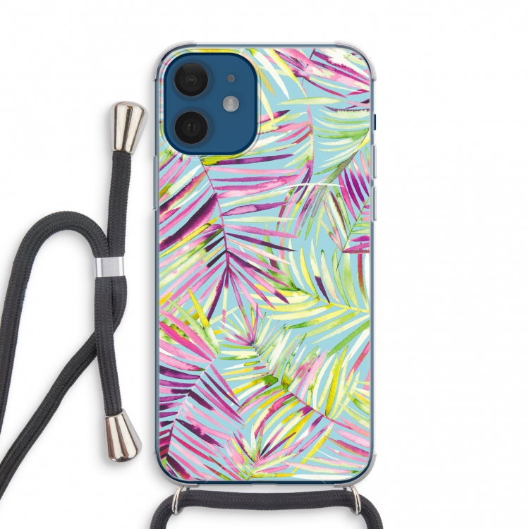 Tropical Palms Blue: iPhone 12 mini Transparant Hoesje met koord