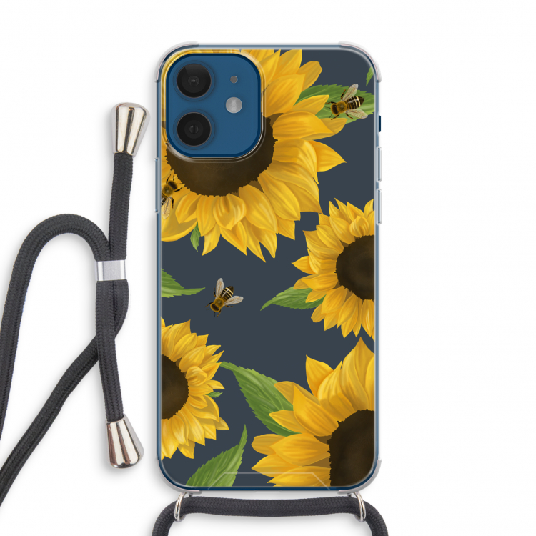 Sunflower and bees: iPhone 12 mini Transparant Hoesje met koord