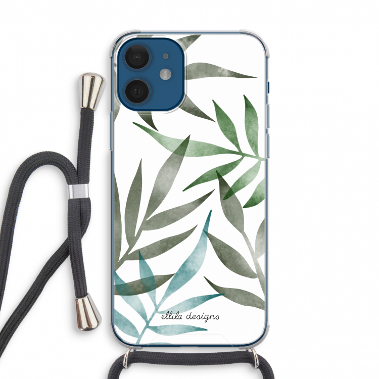 Tropical watercolor leaves: iPhone 12 mini Transparant Hoesje met koord