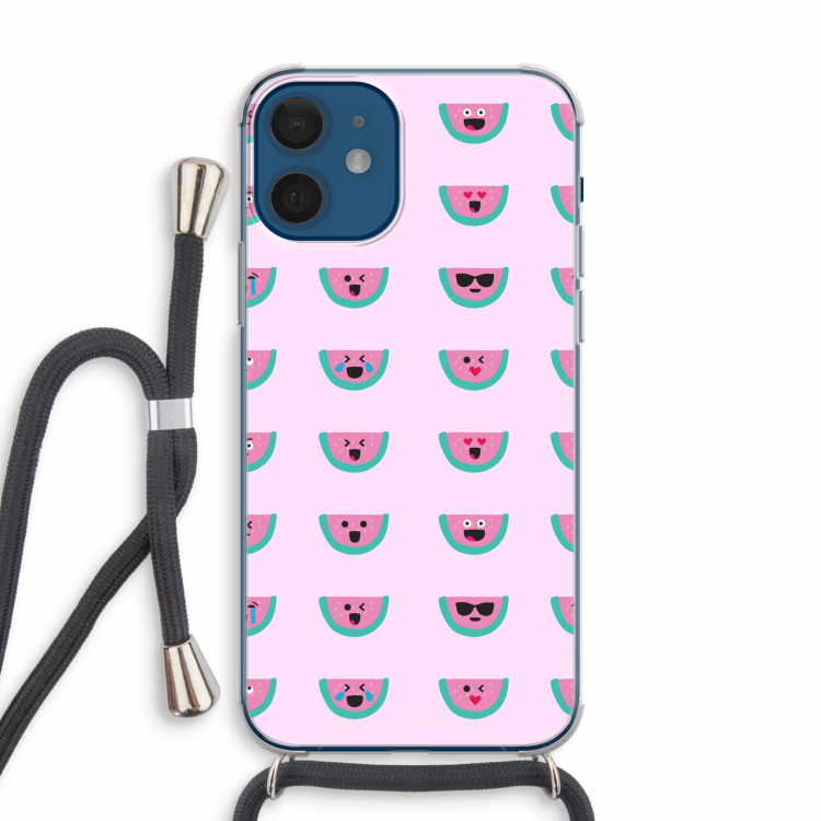 Smiley watermeloenprint: iPhone 12 mini Transparant Hoesje met koord