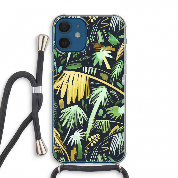 Tropical Palms Dark: iPhone 12 mini Transparant Hoesje met koord