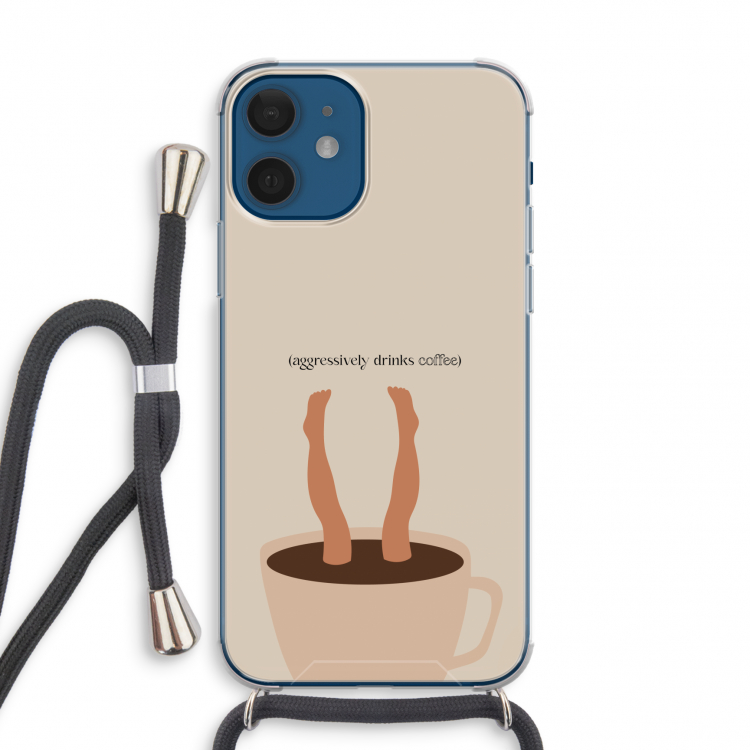 Aggressively drinks coffee: iPhone 12 mini Transparant Hoesje met koord