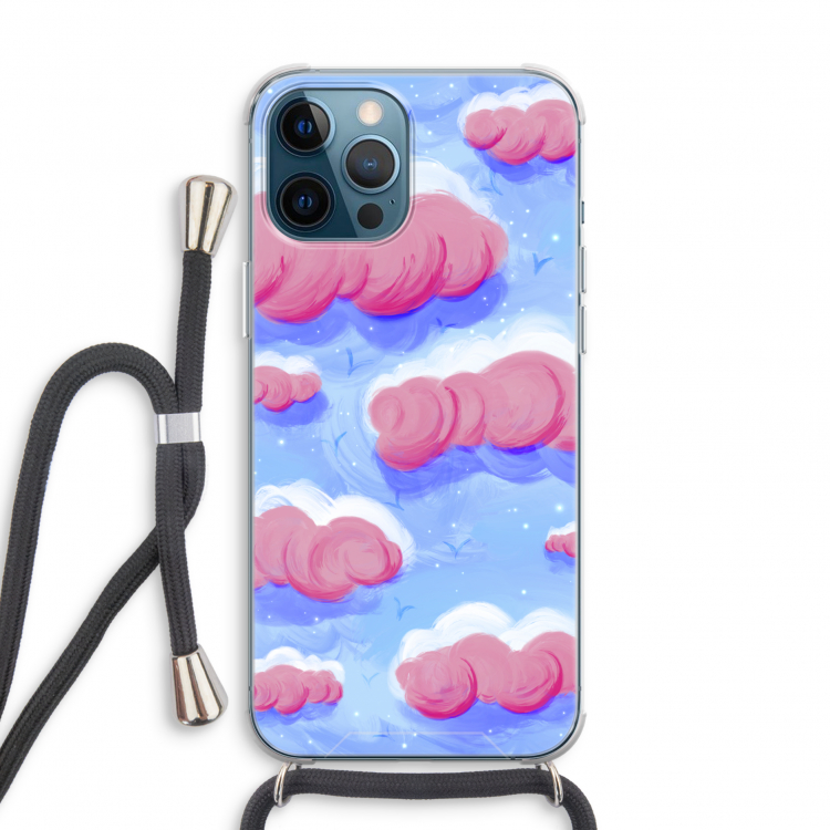 Roze wolken met vogels: iPhone 12 Pro Transparant Hoesje met koord
