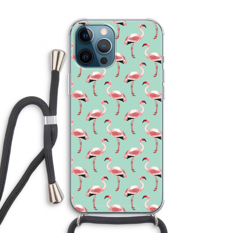 Flamingoprint groen: iPhone 12 Pro Transparant Hoesje met koord