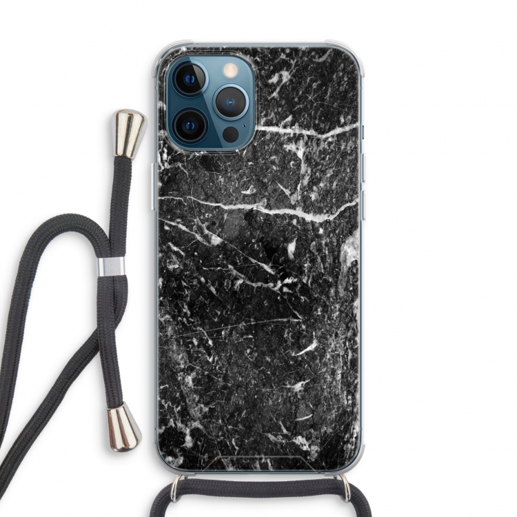 Zwart marmer: iPhone 12 Pro Transparant Hoesje met koord