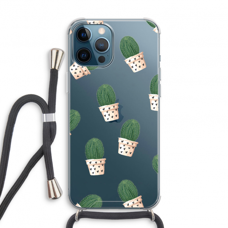 Cactusprint roze: iPhone 12 Pro Transparant Hoesje met koord