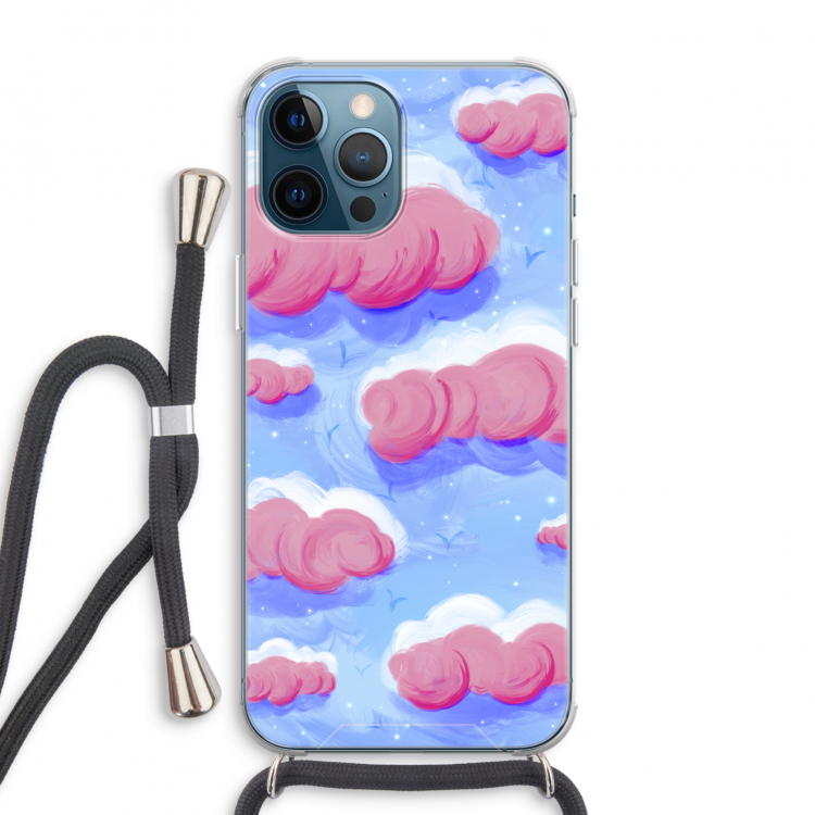 Roze wolken met vogels: iPhone 12 Pro Max Transparant Hoesje met koord
