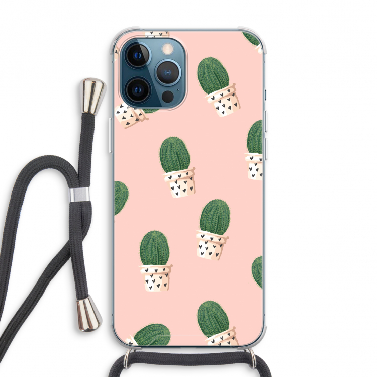 Cactusprint roze: iPhone 12 Pro Max Transparant Hoesje met koord