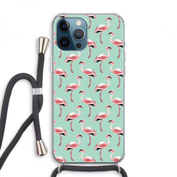 Flamingoprint groen: iPhone 12 Pro Max Transparant Hoesje met koord