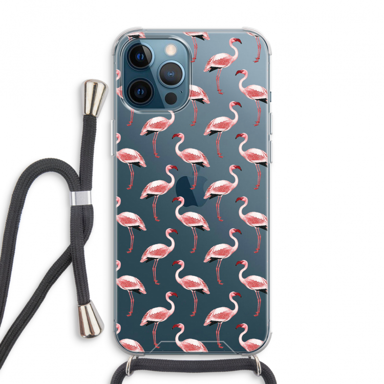 Flamingoprint groen: iPhone 12 Pro Max Transparant Hoesje met koord