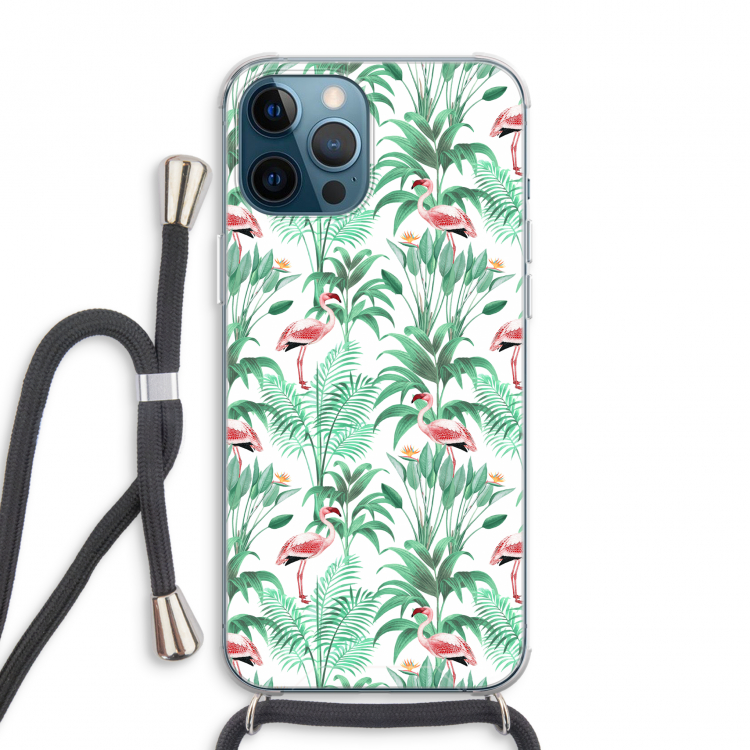 Flamingo bladeren: iPhone 12 Pro Max Transparant Hoesje met koord