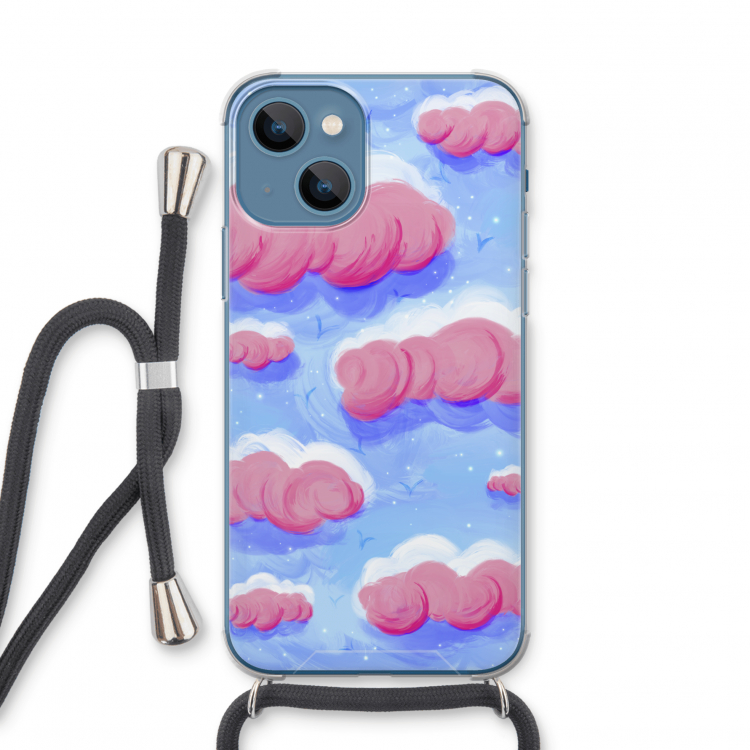 Roze wolken met vogels: iPhone 13 mini Transparant Hoesje met koord