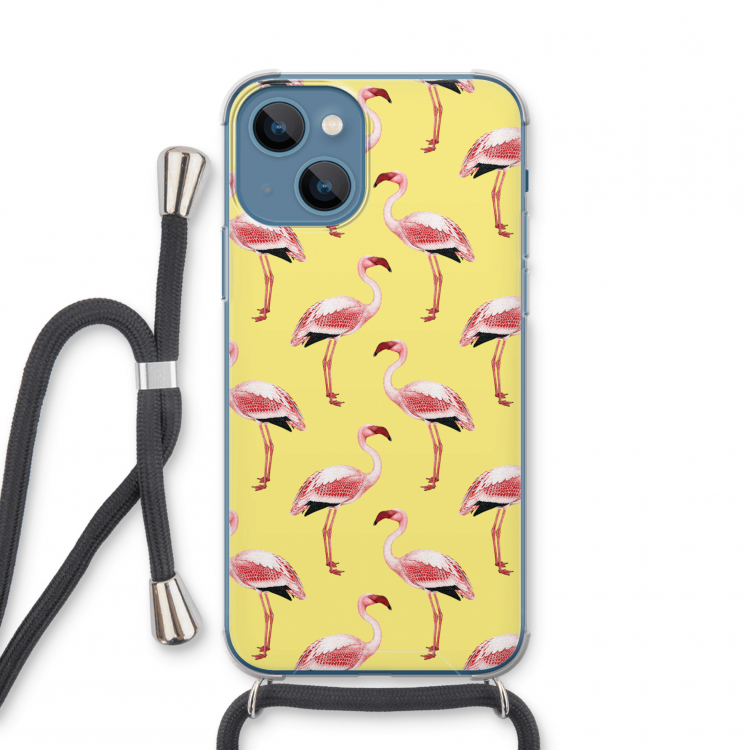 Flamingo's geel: iPhone 13 mini Transparant Hoesje met koord