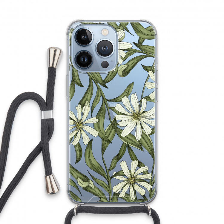 Wit bloemenpatroon: iPhone 13 Pro Transparant Hoesje met koord