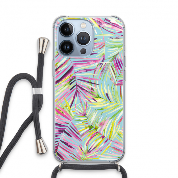 Tropical Palms Blue: iPhone 13 Pro Transparant Hoesje met koord