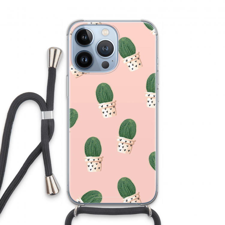 Cactusprint roze: iPhone 13 Pro Transparant Hoesje met koord
