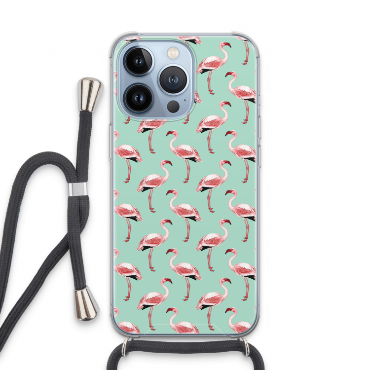 Flamingoprint groen: iPhone 13 Pro Transparant Hoesje met koord