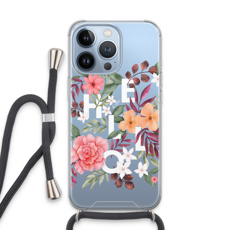Hello in flowers: iPhone 13 Pro Transparant Hoesje met koord