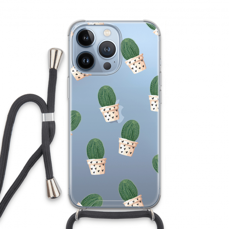 Cactusprint roze: iPhone 13 Pro Transparant Hoesje met koord